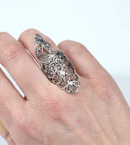 Filigree Art Peacock Design Women Silver Statement Ring