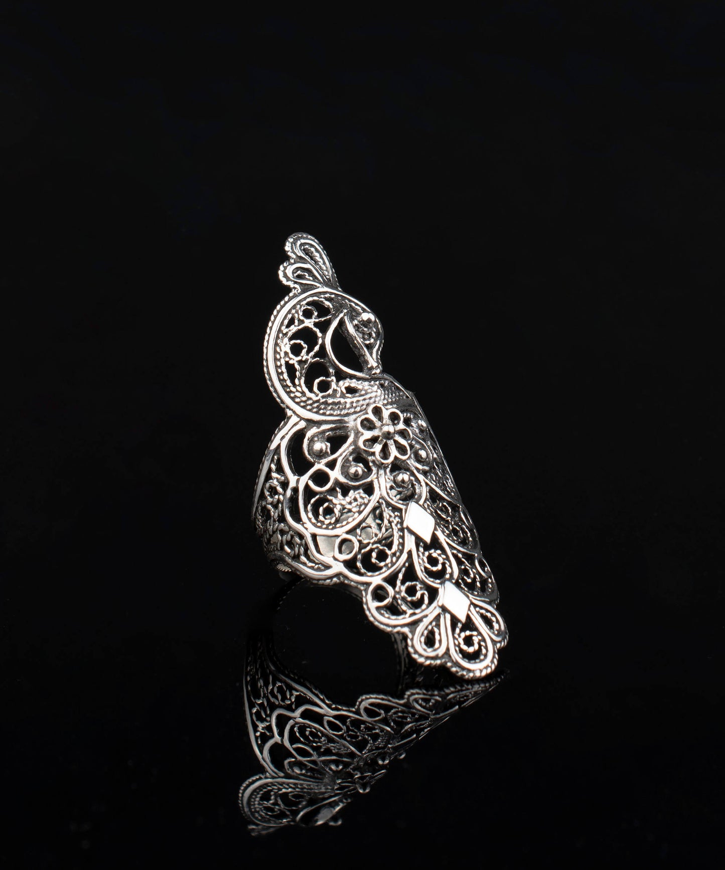 Filigree Art Peacock Design Women Silver Statement Ring