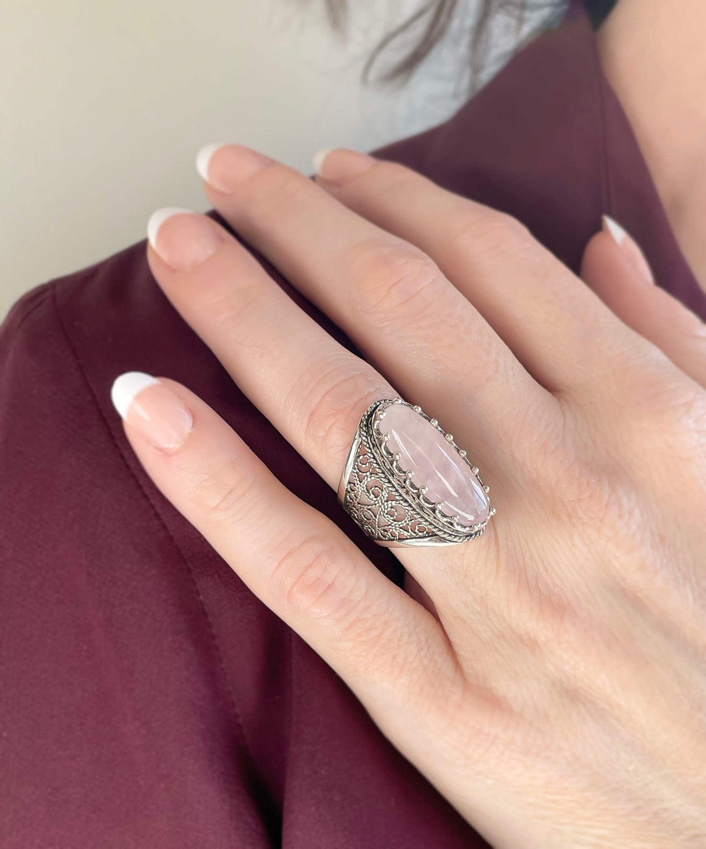 Filigree Art Rose Quartz Gemstone Women Silver Long Statement Ring