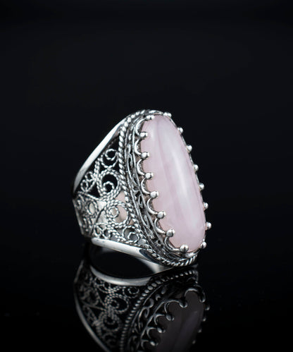 Filigree Art Rose Quartz Gemstone Women Silver Long Statement Ring