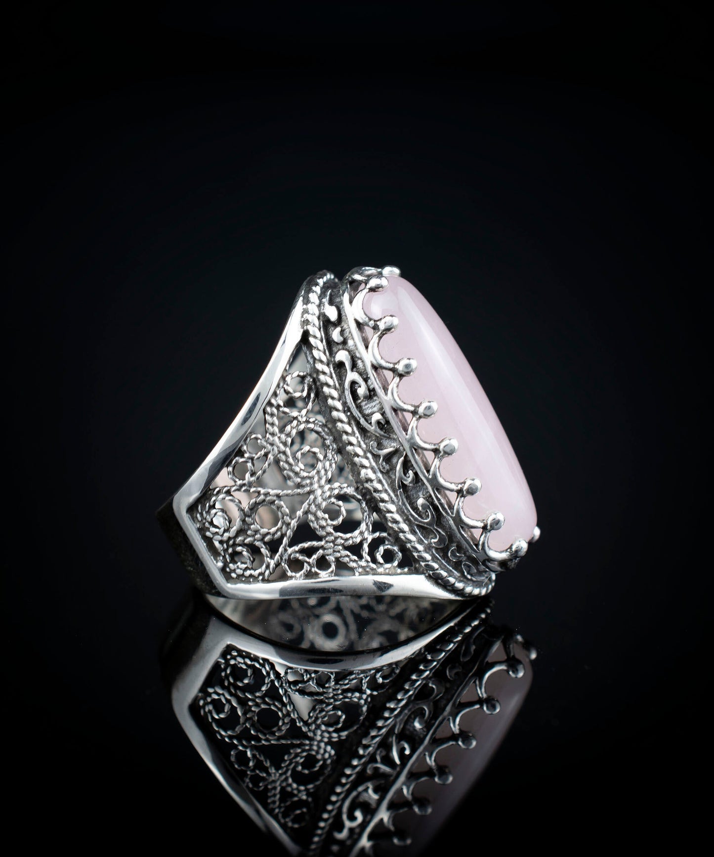 Filigree Art Rose Quartz Gemstone Women Silver Long Statement Ring