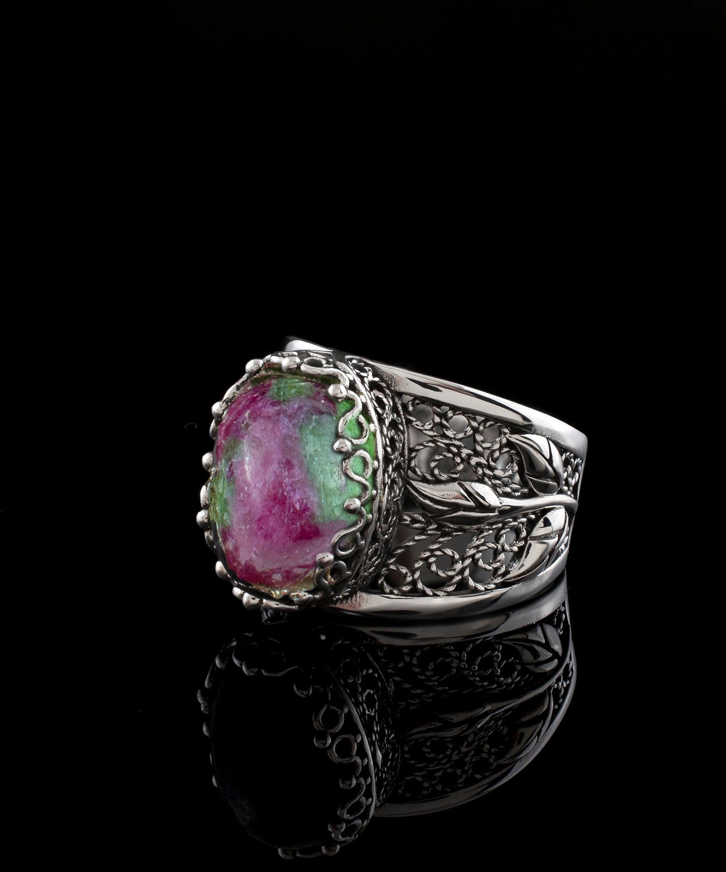 Filigree Art Ruby Zoisite Gemstone Tulip Detailed Silver Women