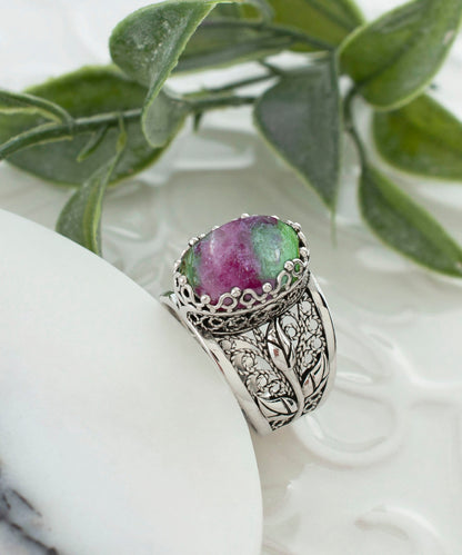 Filigree Art Ruby Zoisite Gemstone Tulip Detailed Silver Women