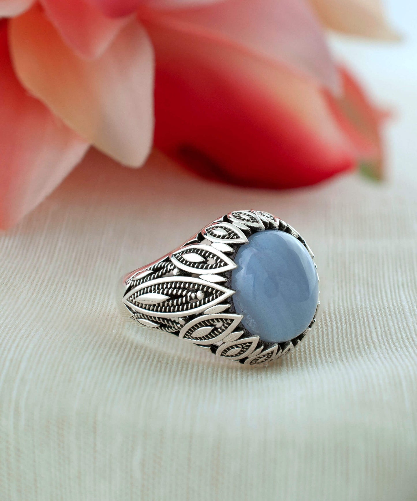 Filigree Art Blue Lace Agate Gemstone Women Silver Statement Ring