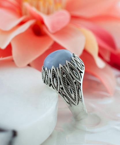 Filigree Art Blue Lace Agate Gemstone Women Silver Statement Ring