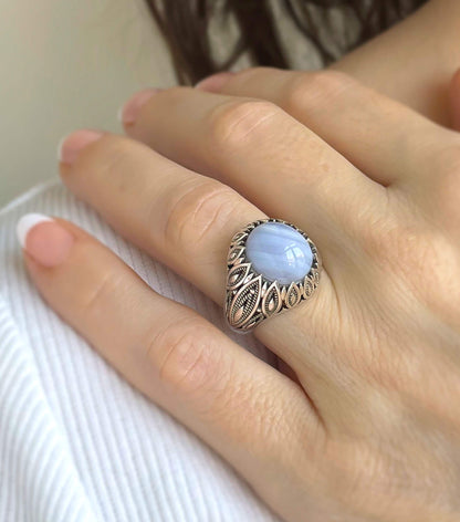 Filigree Art Blue Lace Agate Gemstone Women Silver Statement Ring