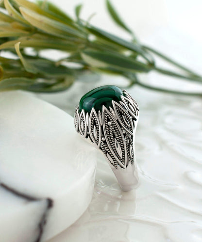 Filigree Art Malachite Gemstone Women Silver Statement Ring