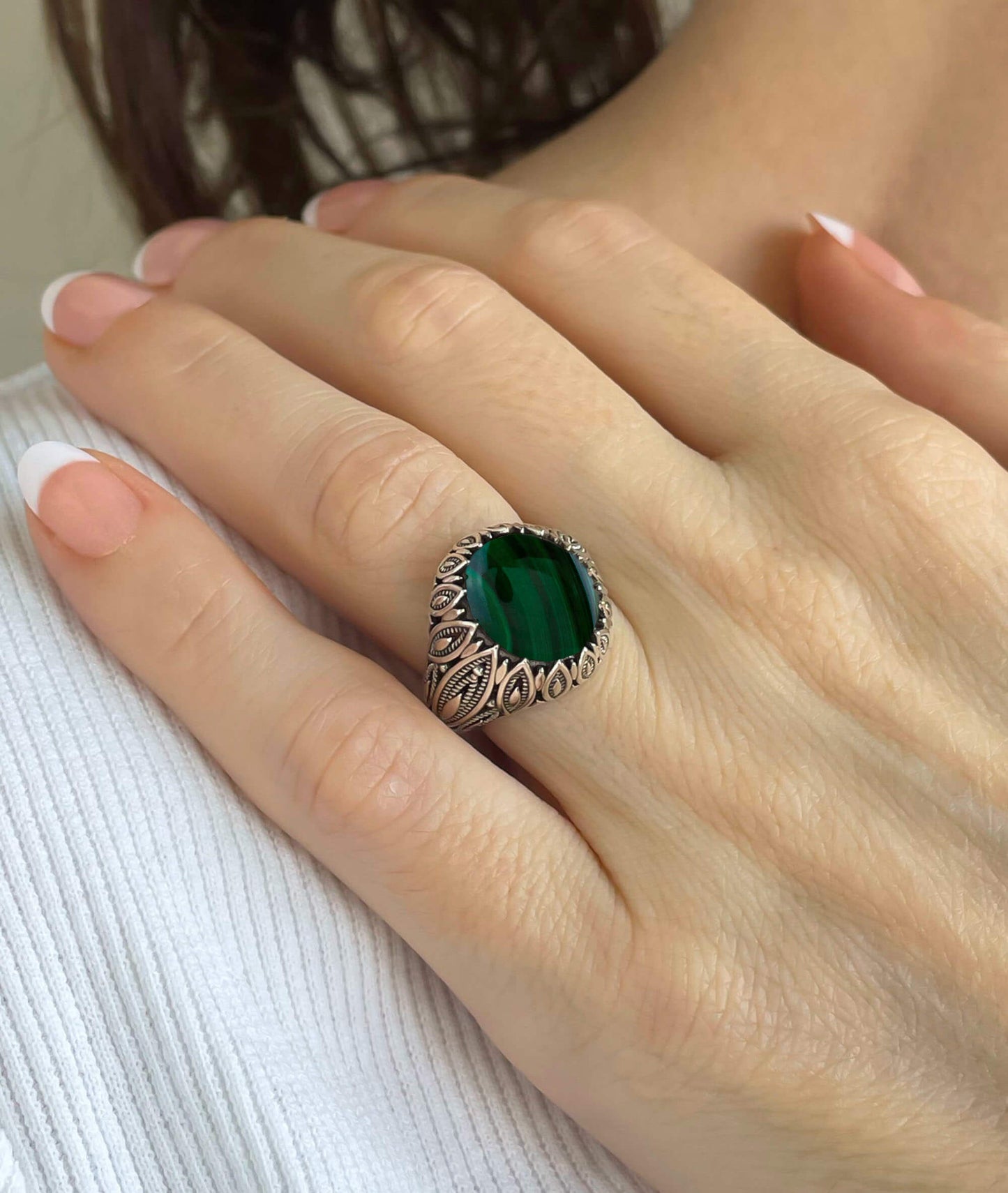 Filigree Art Malachite Gemstone Women Silver Statement Ring