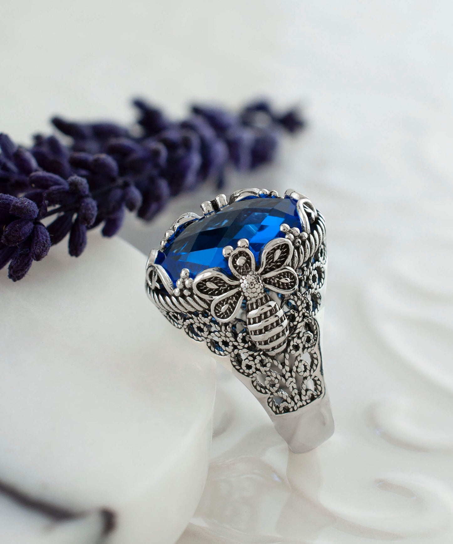 Filigree Art Bee Detailed Blue Quartz Gemstone Women Silver Statement