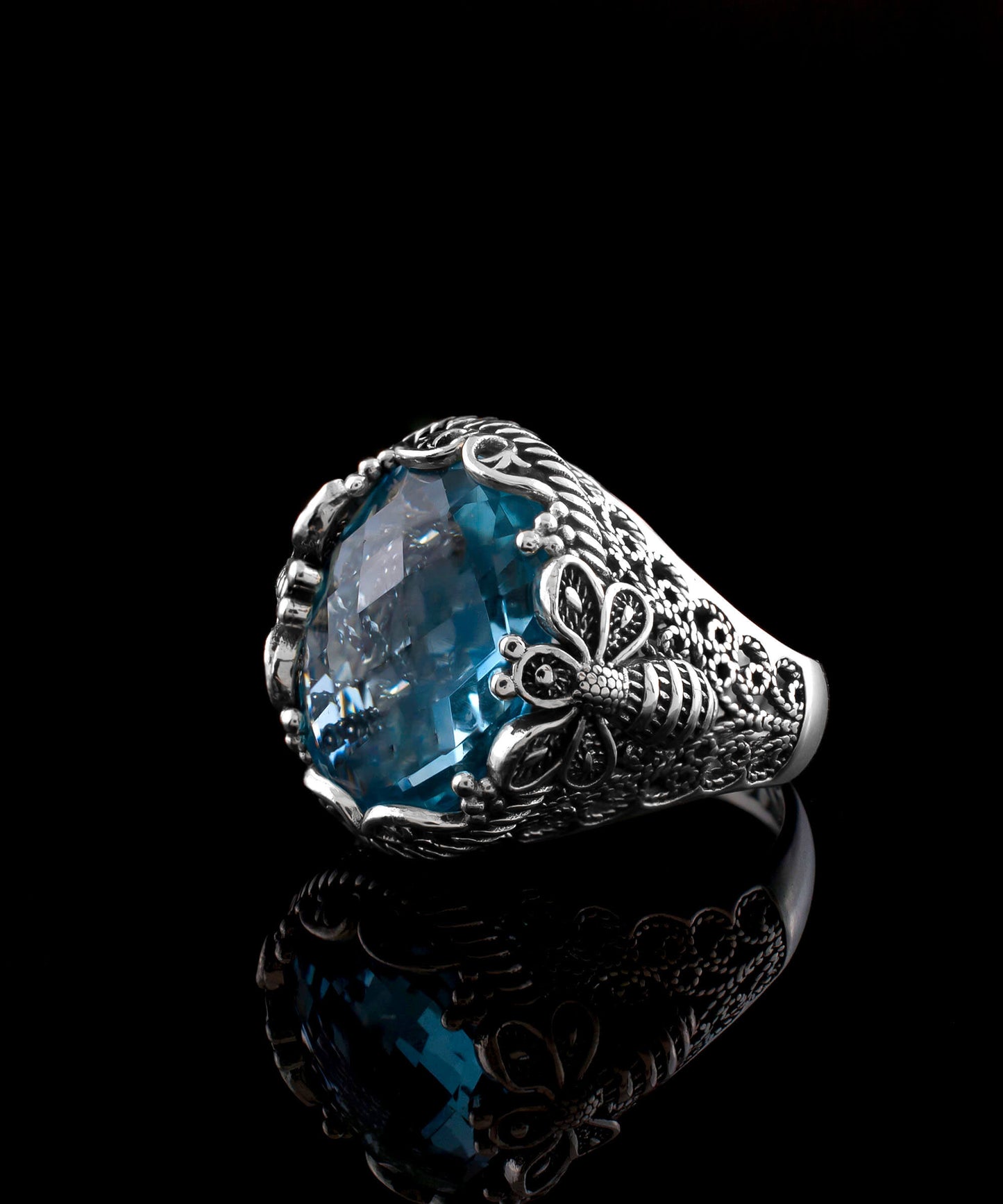 Filigree Art Bee Detailed Blue Topaz Gemstone Women Silver Statement