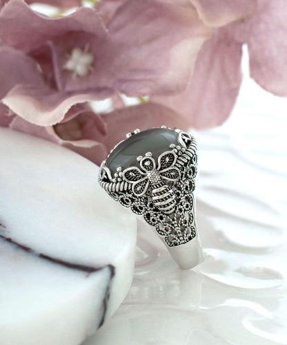 Filigree Art Bee Detailed Gray Moonstone Gemstone Women Silver