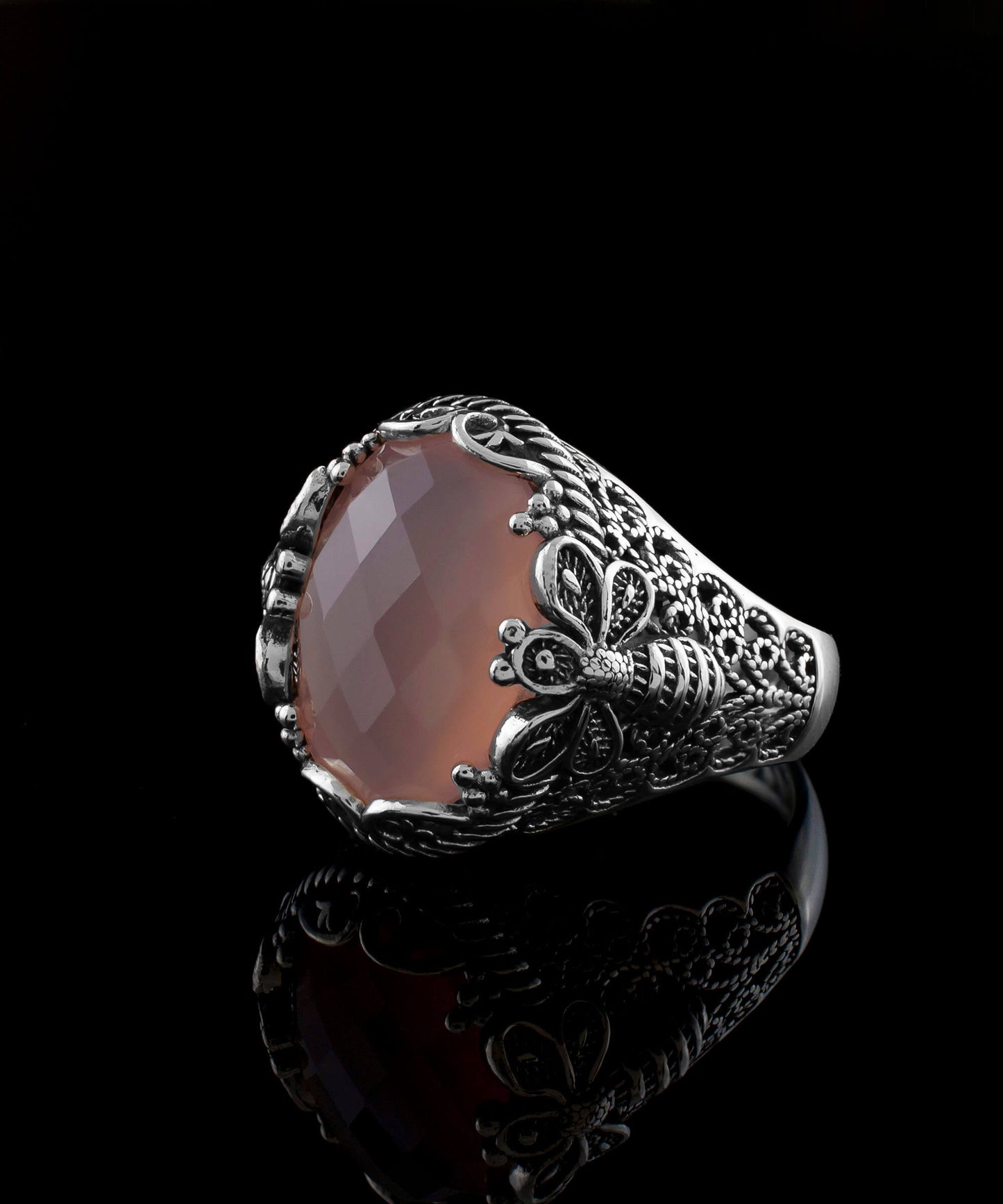 Filigree Art Bee Detailed Pink Chalcedony Gemstone Women Silver