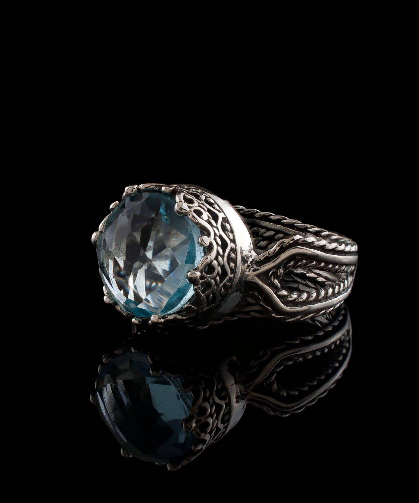 Blue Topaz Gemstone Filigree Art Women Sterling Silver Cocktail Ring