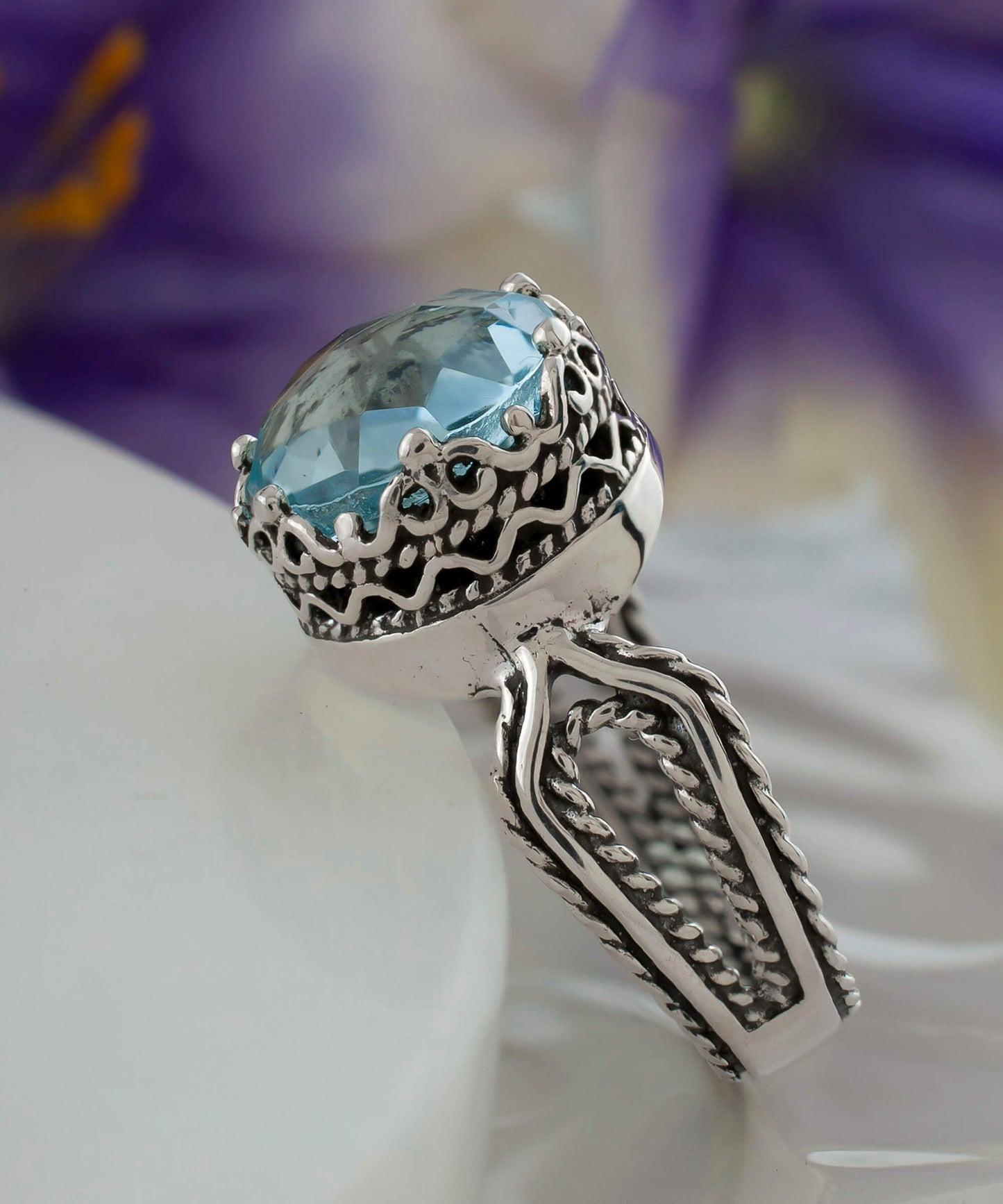 Blue Topaz Gemstone Filigree Art Women Sterling Silver Cocktail Ring