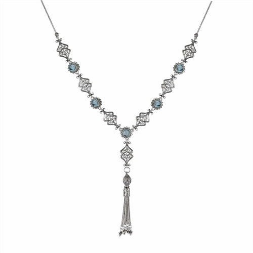 Filigree Art Amethyst / Blue Topaz Gemstone Women Silver Tassel Choker