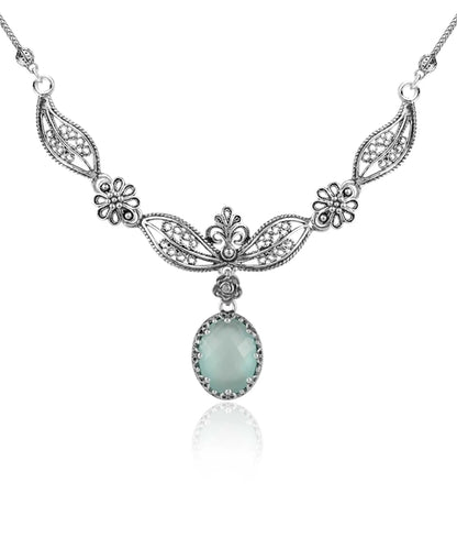 Filigree Art Aqua Chalcedony Gemstone Women Silver Princess Necklace