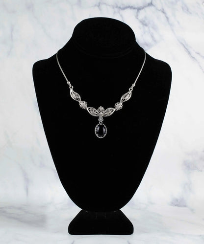 Filigree Art Black Onyx Gemstone Women Silver Princess Necklace