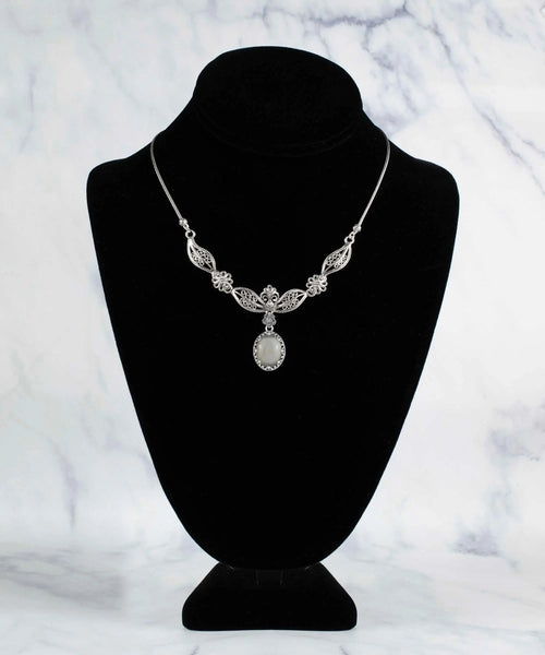 Filigree Art Gray Moonstone Gemstone Women Silver Princess Necklace