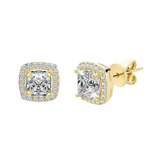 Princess Cut Halo Stud Earrings in 14K White Gold Plating Made with  C