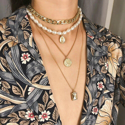 4 Piece Necklace Set: Choker, Pearl, Coin, Pendant ITALY Design