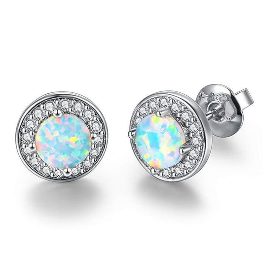 Sleek Simple Minamilisitc Opal Button Studs in 14K White Gold Plating