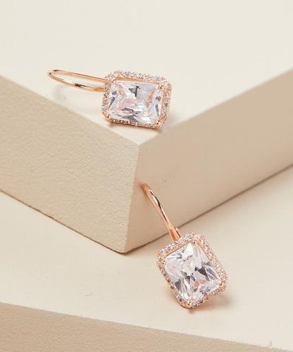 Emerald Cut  Elements Leverback Earrings in 14K Rose Gold Plating