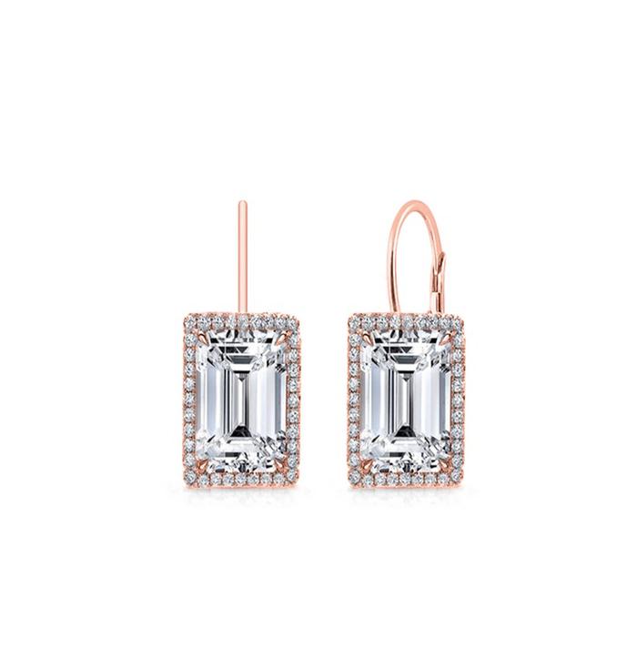 Emerald Cut  Elements Leverback Earrings in 14K Rose Gold Plating