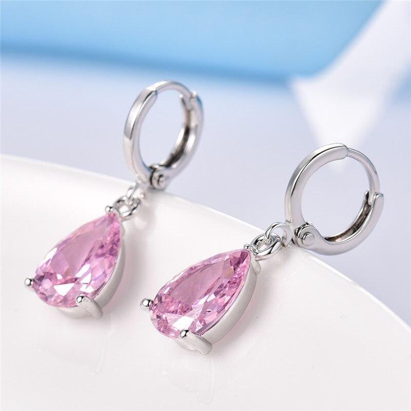 Pink Pear Cut Dangling Leverback Earrings in 14K White Gold