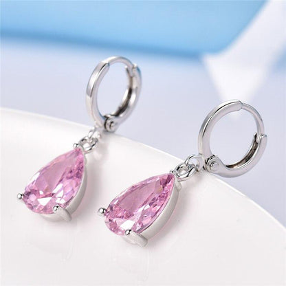 Pink Pear Cut Dangling Leverback Earrings in 14K White Gold