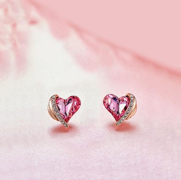 Pink  Elements Heart Shaped Pav'e Studs in 14K Rose Gold Plating