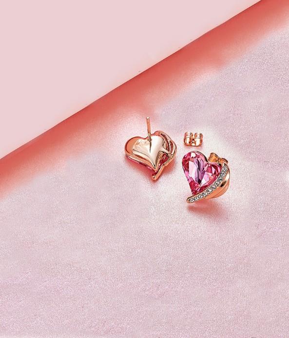 Pink  Elements Heart Shaped Pav'e Studs in 14K Rose Gold Plating