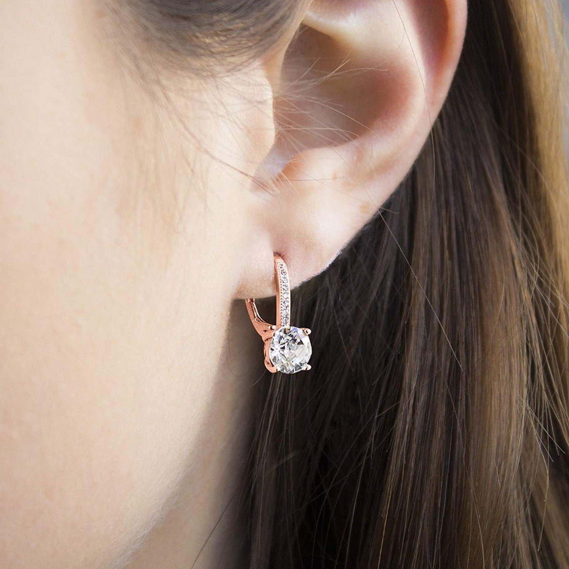 Asscher Cut  Elements Pav'e Leverback Earrings in 14K Rose Gold