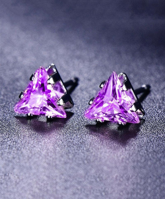 6mm Triangle Stud Earring With Austrian Crystals - Amethyst in 18K Whi