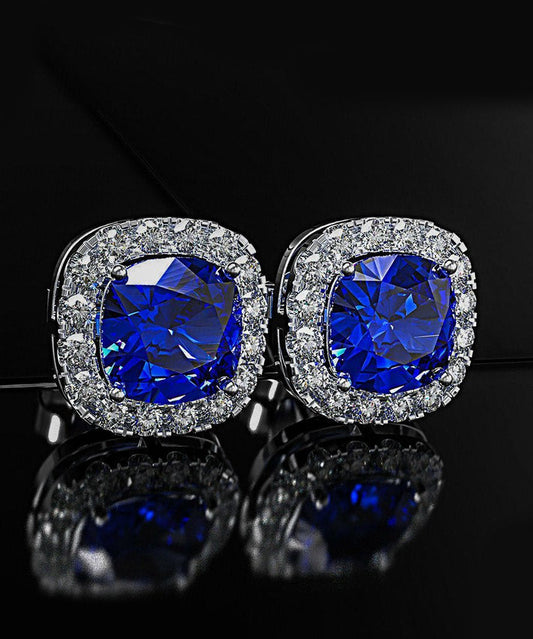 Princess Halo Cut Stud Earring With Austrian Crystals - Blue in 18K Wh