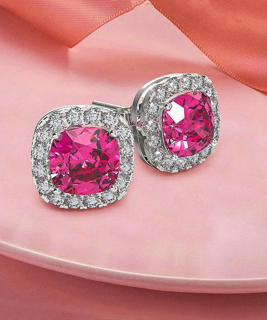 Princess Halo Cut Stud Earring With Austrian Crystals - Pink in 18K Wh