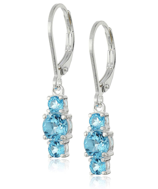 Three Stone Leverback Dangle Earrings w/Austrian Crystals- Blue Topaz