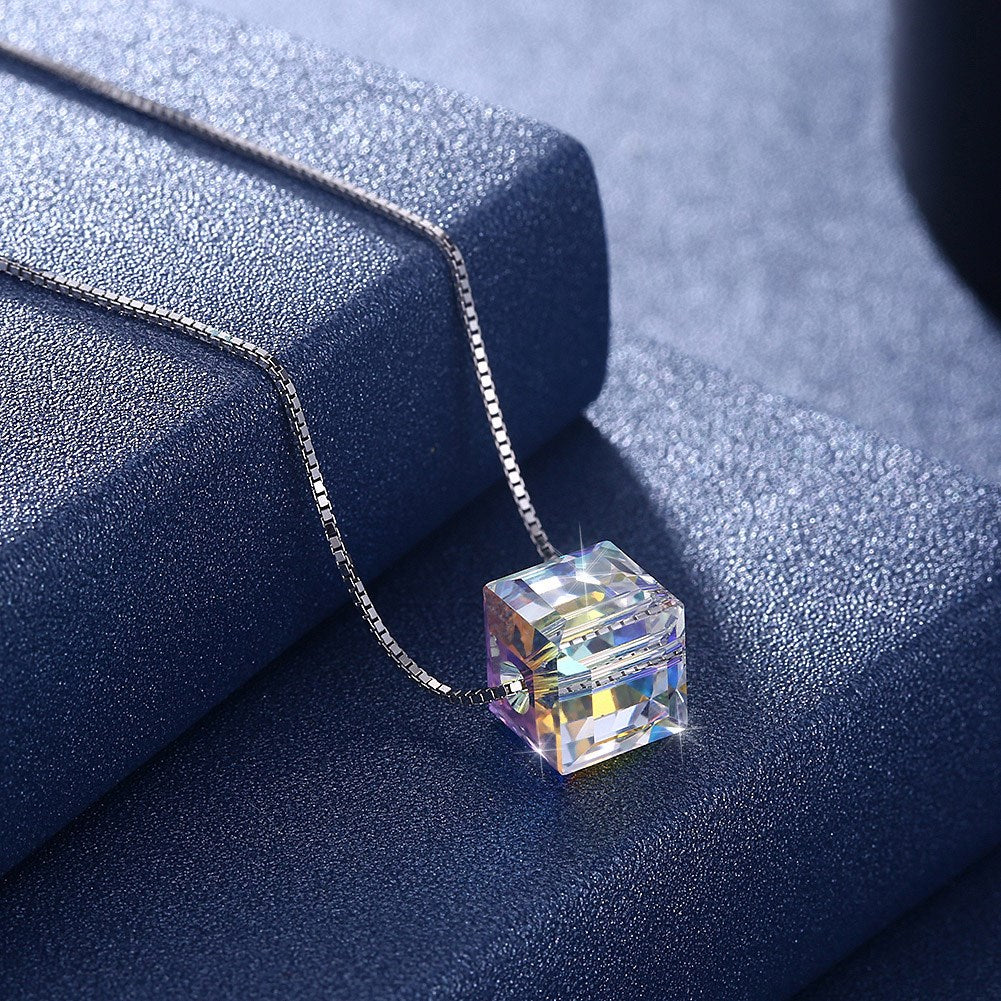 Aurora Borealis Crystal Cube Necklace Made with Crystal