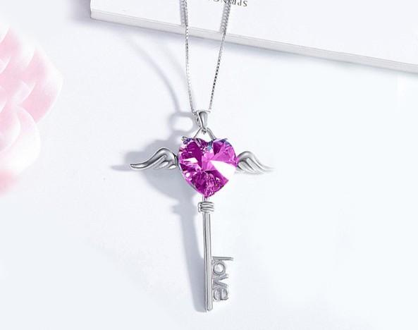 Heart Shaped Pink  Elements Dangling Key Necklace in 14K White Gold