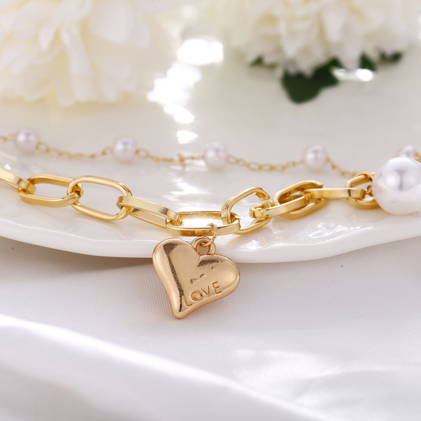 2 Piece Heart and Pearl Bracelet Set 18K Gold Plated Bracelet ITALY