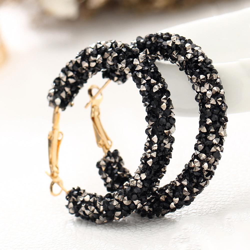 Hoop Earring With Black Gemstone Crystaldust-18K Gold Plated