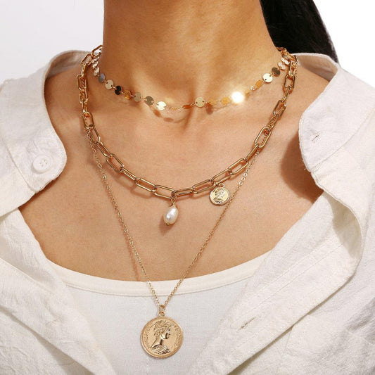 3 Piece Coin Pearl Necklace 18K Gold Plated Necklace in 18K Gold Plate