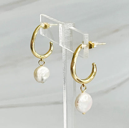 Dangle Pearl Gold Hoop Earrings