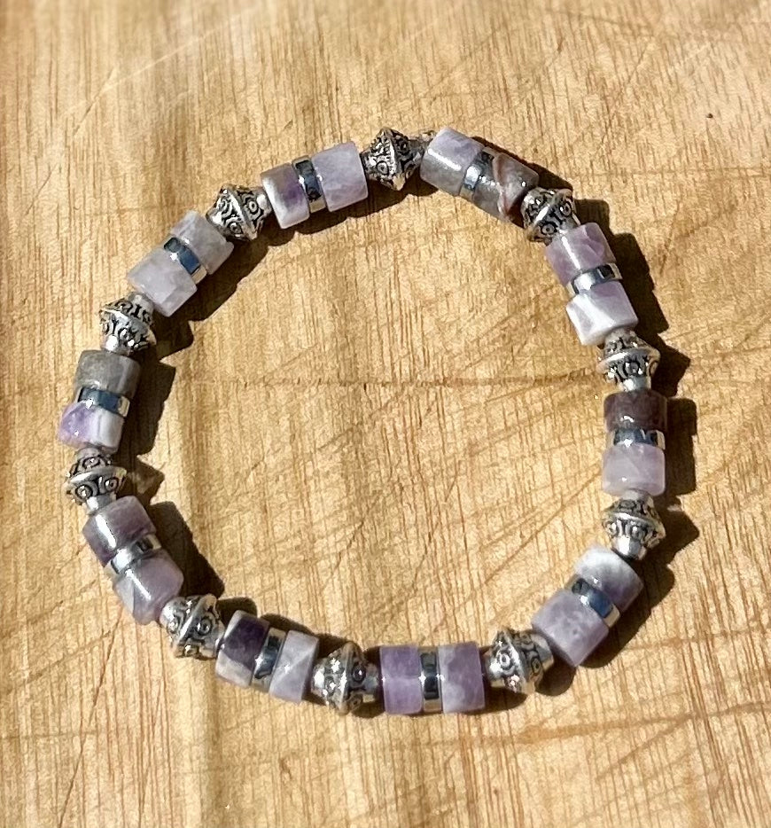 Purple Amethyst & Silver Stretchy Beaded Bracelet