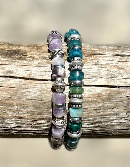 Purple Amethyst & Silver Stretchy Beaded Bracelet