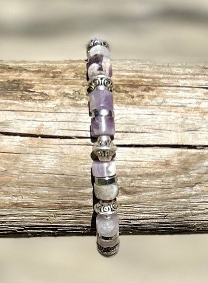 Purple Amethyst & Silver Stretchy Beaded Bracelet