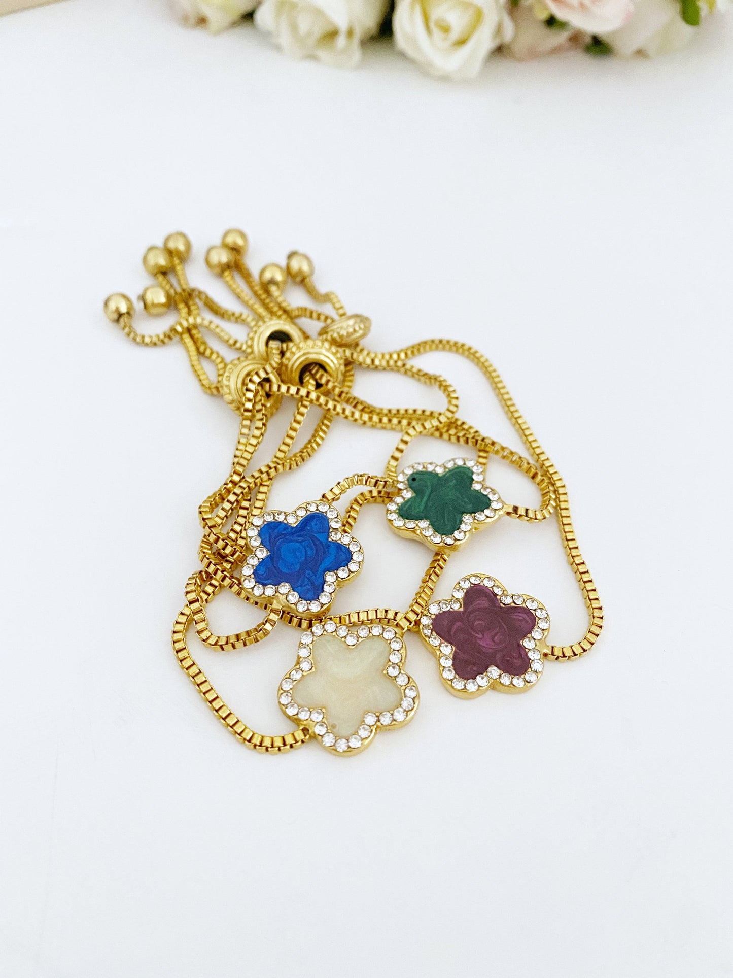 Adjustable Gold Lucky Clover Charm Bracelet