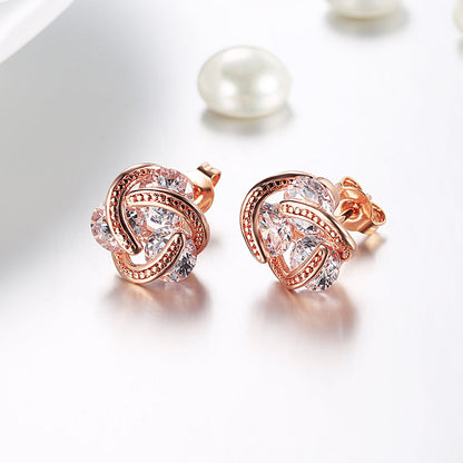 Triple Stone Knot Stud Earring in 18K Rose Gold Plated with  Crystals