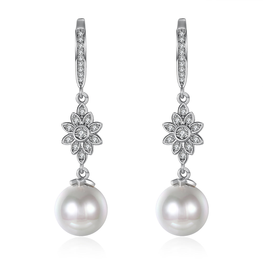 Freshwater Pearl Starburst Drop Earring in 18K White Gold Plated with