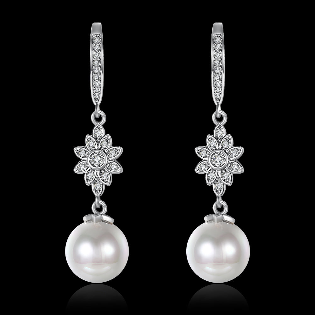 Freshwater Pearl Starburst Drop Earring in 18K White Gold Plated with