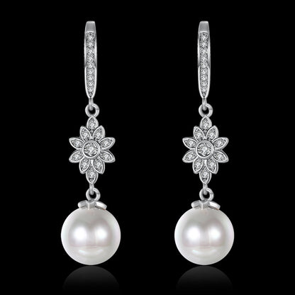 Freshwater Pearl Starburst Drop Earring in 18K White Gold Plated with